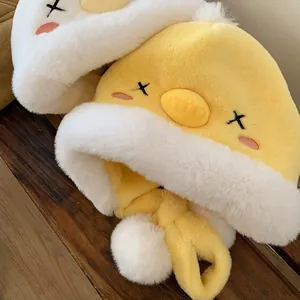 Cute yellow duck plush trapper hat with white faux fur trim for winter warmth