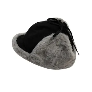 Winter thermal trapper hat with black windproof fabric and thick grey faux fur lining