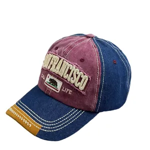 Casquette baseball rétro brodée San Francisco en denim bordeaux et bleu marine