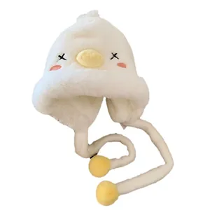 Cute white duck plush trapper hat with earflaps and yellow pom-poms for winter warmth