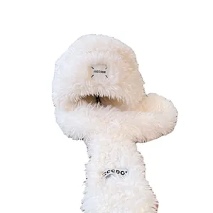 Cute white plush rabbit ear trapper hat with soft long fur and FRCCDOM branding