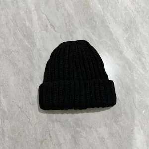 Thick black rib-knit rabbit hair blend winter beanie hat with wide cuff for women