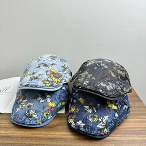 Vintage Floral Denim Ivy Cap For Women Men Distressed Cotton Flat Hat Retro Newsboy Cap Summer Sunshade Peaked Cap
