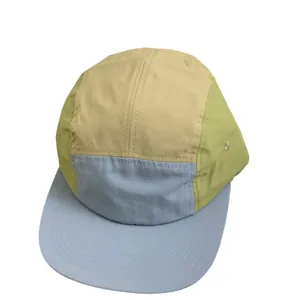 Outdoor 5-panel camping cap in color-block ripstop nylon fabric with metal eyelets