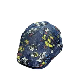 Vintage floral denim baseball cap featuring distressed patterns and a retro flat-top design