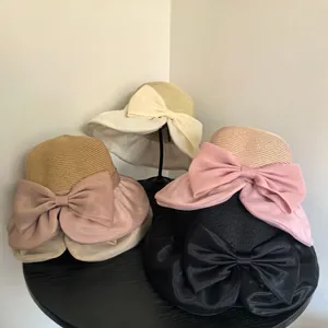Women's Summer Straw Bucket Hat Large Organza Bow Elegant Wide Brim UV Protection Beach Hat Sun Protection Fisherman Cap