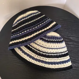 Women Handmade Crocheted Striped Bucket Hat Summer Beach Sun Protection Knitted Fisherman Hat Casual Wide Brim Round Top