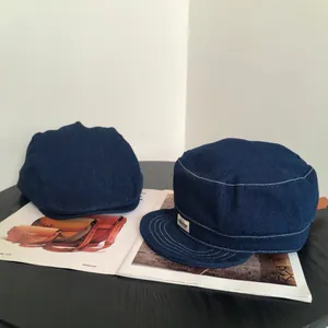 Casquette Patrouille Vintage en Denim Sommet Plat Et Casquette Newsboy Pour Hommes Femmes Tissu En Coton Rayé Surpiqûres Contrastées Pare-soleil Rétro Chapeau De Mode Réglable