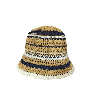Striped knit bucket hat with hollow crochet pattern for summer sun protection