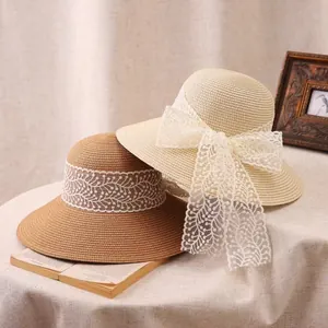 Women Elegant Wide Brim Straw Sun Hat French Pastoral Style With Large Lace Bow Breathable Summer Beach Vacation Hat
