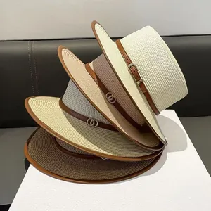 Women's French Flat Top Straw Boater Hat Wide Brim Beach Sun Protection Hat With Leather Strap Metal Buckle Summer Travel