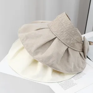 Women Wide Brim Sun Hat With Elegant Bow Knot Minimalist Texture Fabric Open Top Visor For Summer Beach UV Protection