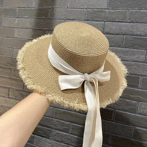 Cappello Paglia Testa Piatta Donna Con Fiocco Nastro Bordo Sfrangiato Tesa Larga Estivo Per Vacanza Spiaggia Sole Viaggio