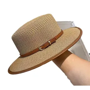 Summer flat-top straw boater hat with brown leather trim and metal buckle for sun protection