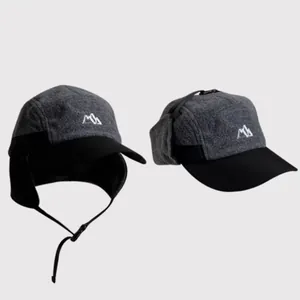 Winter thermal earflap trapper hat in grey and black fleece with mountain embroidery