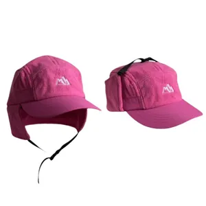 Winter thermal fleece earflap hat with mountain embroidery for outdoor hiking in rose pink