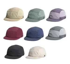 Detail showing various colors of lightweight ripstop camper caps with breathable side vents