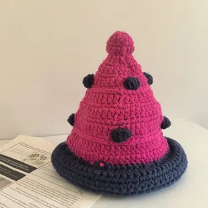 Handmade Wool Crochet Christmas Tree Beanie Hat For Women Cute Warm Knitted Cone Hat With Pompoms Winter Party Accessory