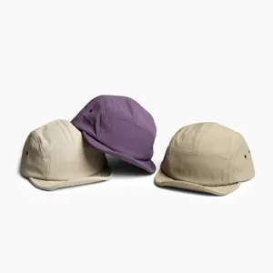 Breathable quick-dry 5-panel camper hats in cream, purple, and brown for outdoor hiking