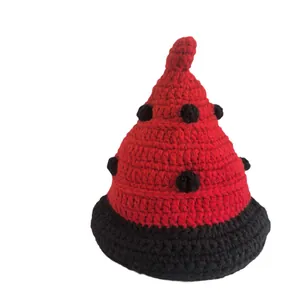 Handmade crochet ladybug style winter beanie hat in red and black wool with polka dots