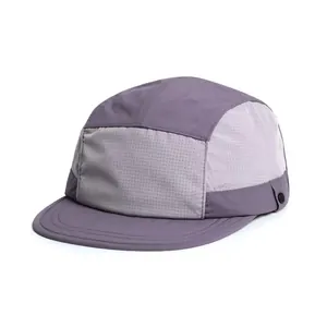 Detail view of quick-dry five-panel camp cap with breathable mesh side panels