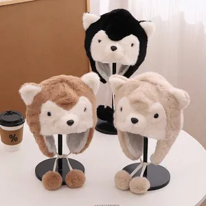 Winter plush husky pilot hat for kids with warm earflaps and fluffy pom-poms