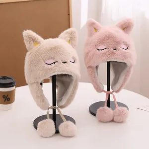 Dicker Plüsch-Winterhut mit süßen Fuchs-Ohren und weichen Pompon-Bindebändern