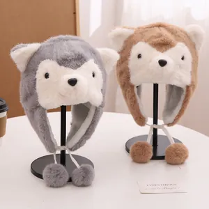 Cute husky plush earflap hat for kids and adults with soft faux fur and pom-poms