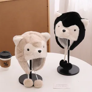 Winter plush husky earflap hats with 3D ears and pompoms in beige and black-white