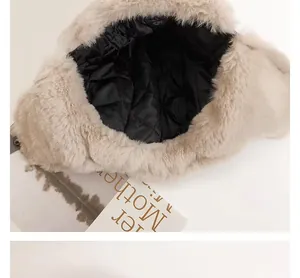 Détail de la fourrure pelucheuse et doublure en coton matelassé sur bonnet beige