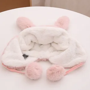 Gorro de invierno rosa para niños con orejas largas de conejo y forro de felpa suave