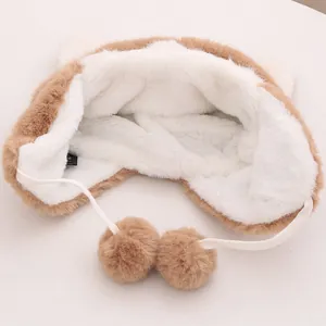 Winter plush baby earflap hat with warm brown faux fur and cute decorative pom poms