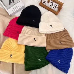 Ribbed knit beanies in multiple colors with embroidered letter R for autumn and winter