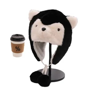 Plush black and white husky winter earflap hat with fluffy pom-poms and cute 3D animal ears