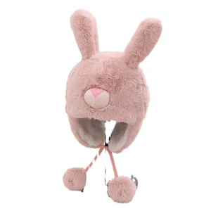 Gorro de conejo de felpa rosa con orejas largas y pompones para niños y adultos