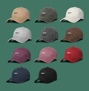 Detailed grid showing 11 color options of wide brim baseball caps with cursive embroidery