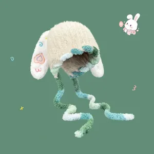 Kawaii Plush Bunny Ear Hat For Women Autumn Winter Warm Ear Protection Cap With Long Straps Cartoon Faux Fur Trapper Hat