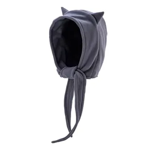 Winter plush cat ear beanie in dark grey-purple fleece with adjustable straps