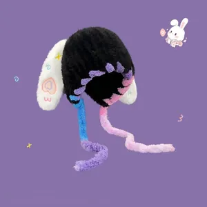 Cute plush bunny ear knit hat for women with colorful straps and star heart embroidery