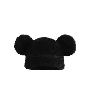 Plush black knitted beanie with cute fuzzy ears for women, warm winter fashion headwear