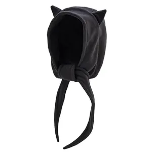 Winter black fleece little devil ear hat with cat ears and adjustable long straps