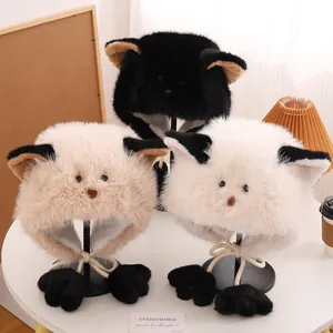Women Cute Cartoon Cat Ear Plush Trapper Hat Thickened Warm Ear Protection Winter Cap With Paw Pendants Faux Fur Hat