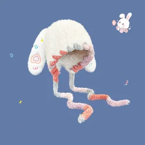 Cute white plush bunny ear hat with colorful star embroidery and long braided straps