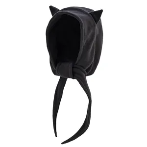 Winter black fleece earflap hat with cat ears and adjustable chin straps for warmth