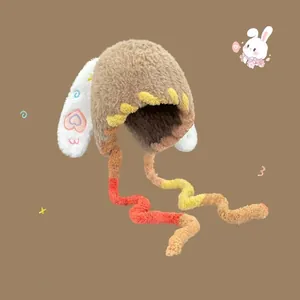 Cute brown rabbit plush hat with long colorful ear flaps for winter warmth and wind protection