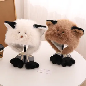 Plush faux fur winter hats with cute cat ears and paw pendants in beige and brown