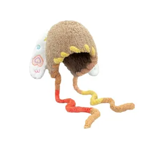Cute cartoon rabbit ear plush hat with colorful knit ties and embroidered heart pattern