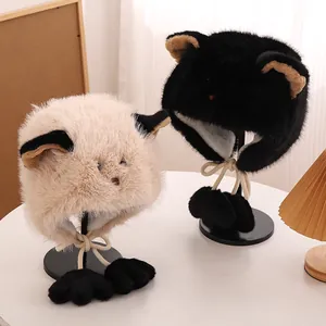 Winter plush cat ear hats in beige and black with cute paw pendant earflaps