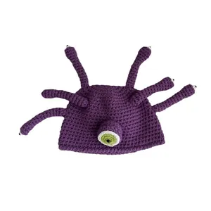 Süße lila einäugige Monster-Häkelmütze mit Oktopus-Tentakeln für den Winter