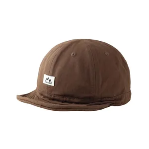 Brown canvas mechanic cap with short brim and mountain logo patch on a white background
